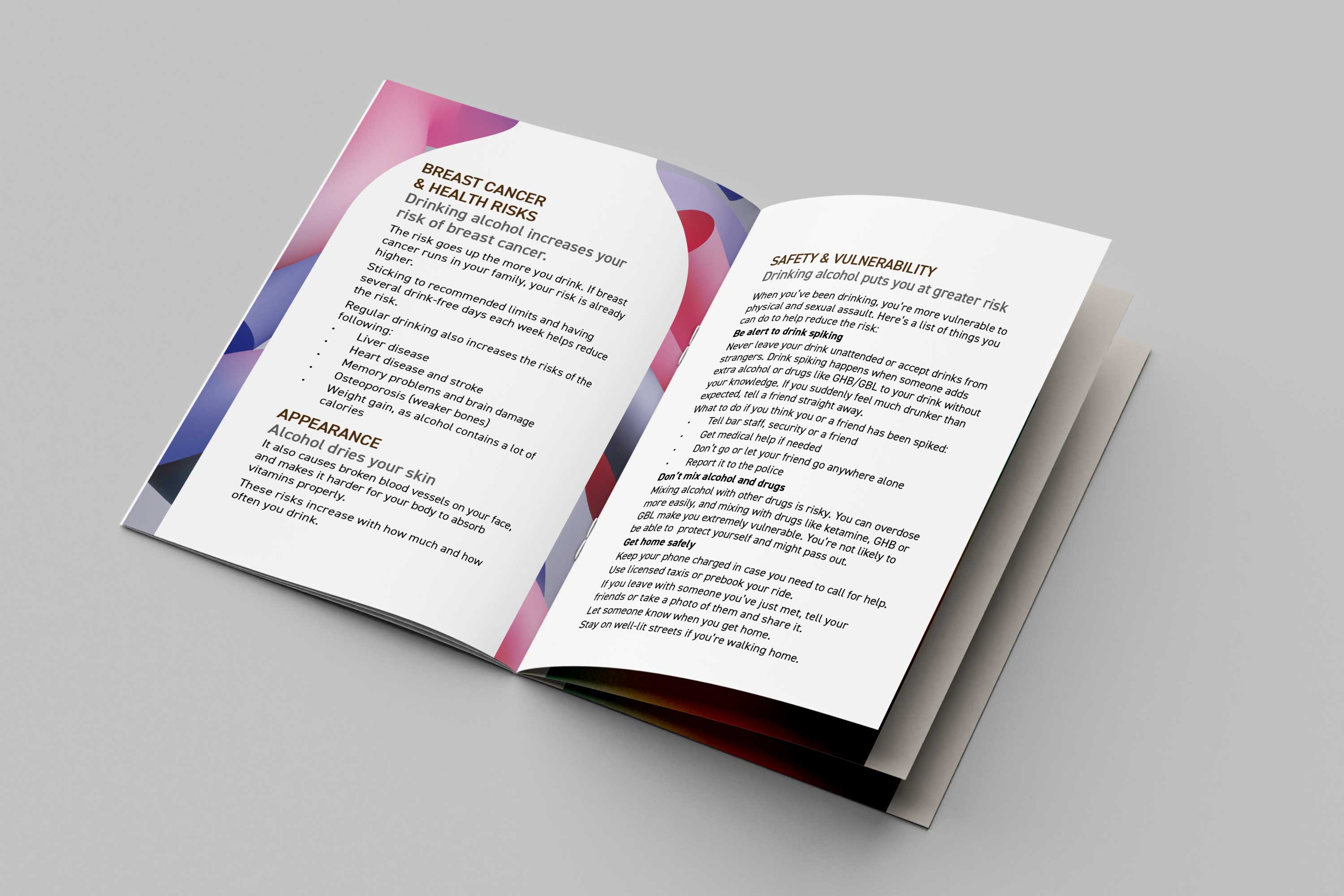 Women and Alcohol booklet showing information on breast cancer risk, health effects, and safety when drinking.